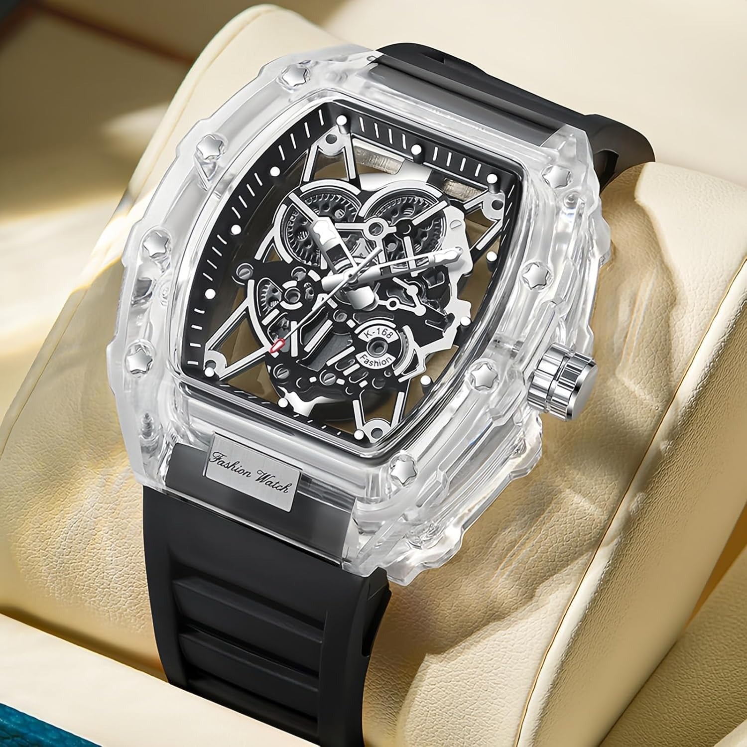 Fashion Hollowed Men Watches Tonneau Transparent Analog Display Silicone Strap Calendar Quartz Waterproof Trend Male Wrist Watch